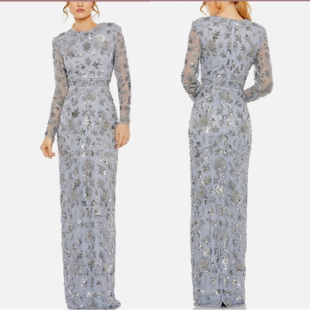 Mac Duggal High neck long sleeves Embellished column gown